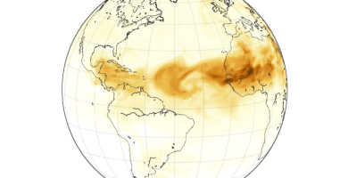 Imagen de NASA con una nube de polvo sahariano cruzando el Atlantico hacia el Caribe