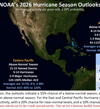 Mapa oficial de NOAA con el pronostico de la temporada ciclonica 2026 para el Atlantico