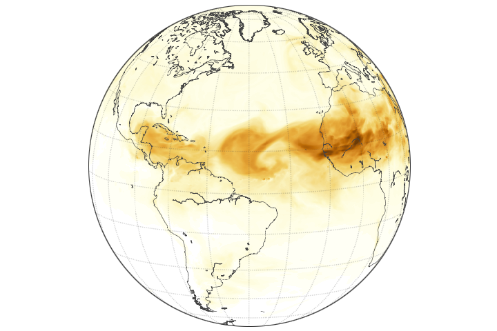 Imagen de NASA con una nube de polvo sahariano cruzando el Atlantico hacia el Caribe