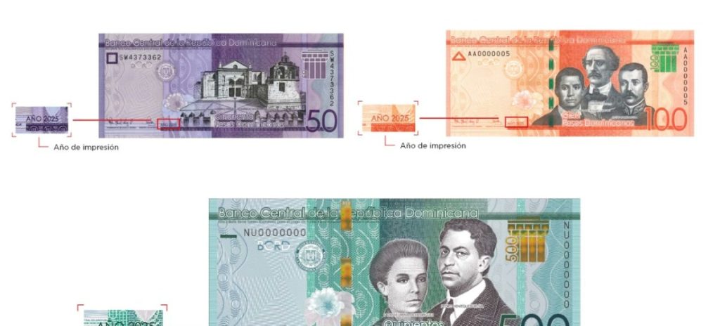 Billetes dominicanos de RD$50, RD$100 y RD$500 con año de impresión 2025.
