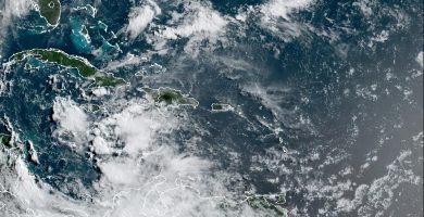 Imagen satelital del Caribe con nubosidad sobre la República Dominicana