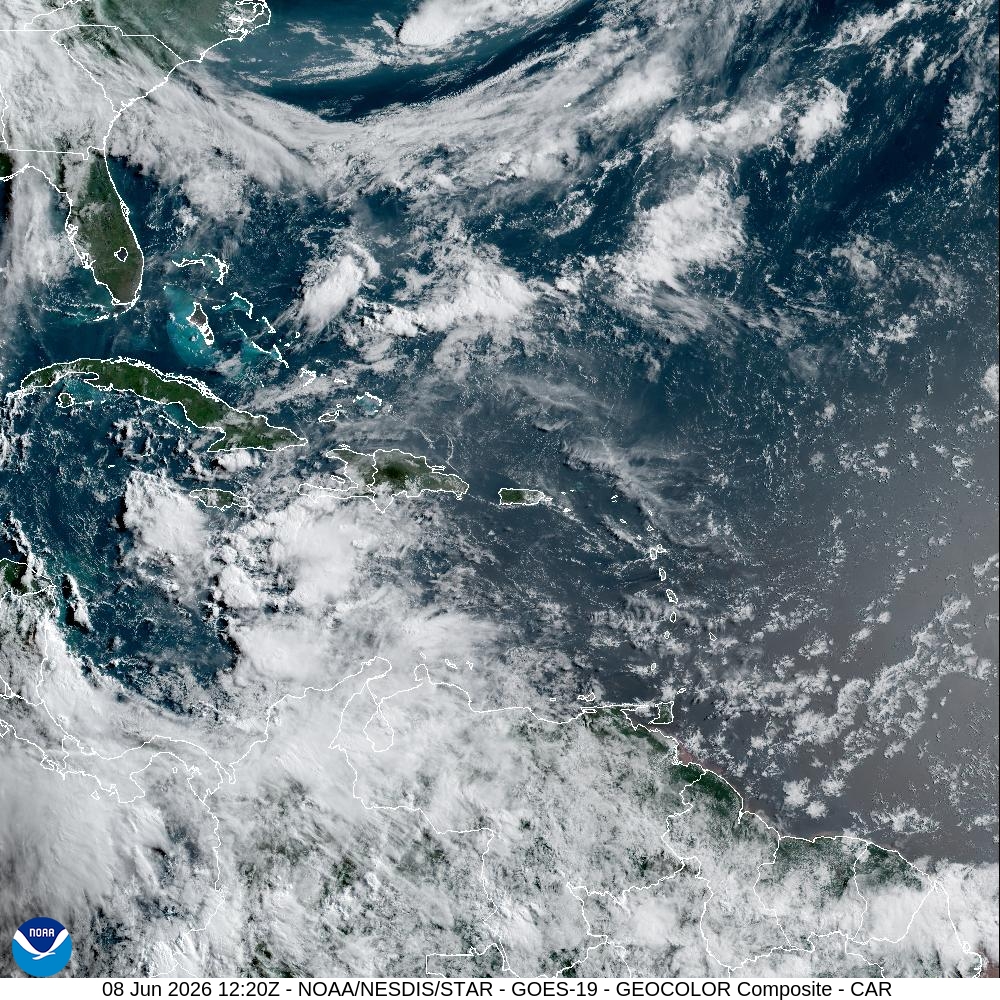 Imagen satelital del Caribe con nubosidad sobre la República Dominicana