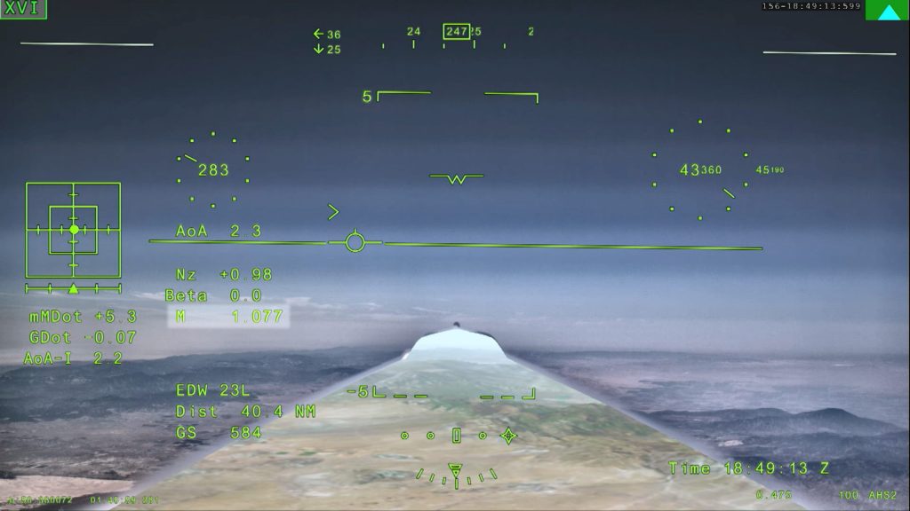 Pantalla del sistema de visión externa del avión X-59 de la NASA durante su primer vuelo supersónico